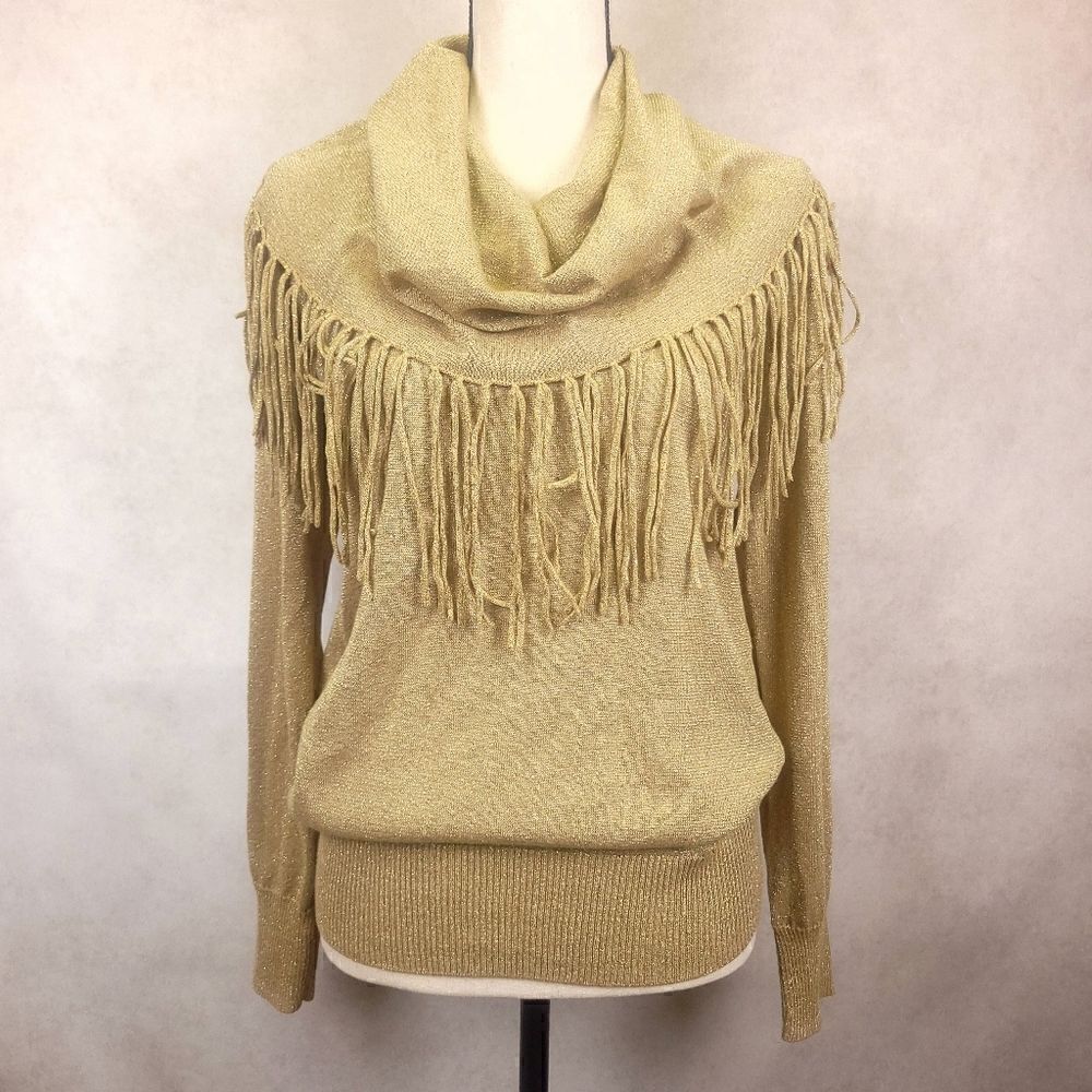 Michael Kors Gold Metallic Sweater Cowl Neck Fringe Tassel Size Small